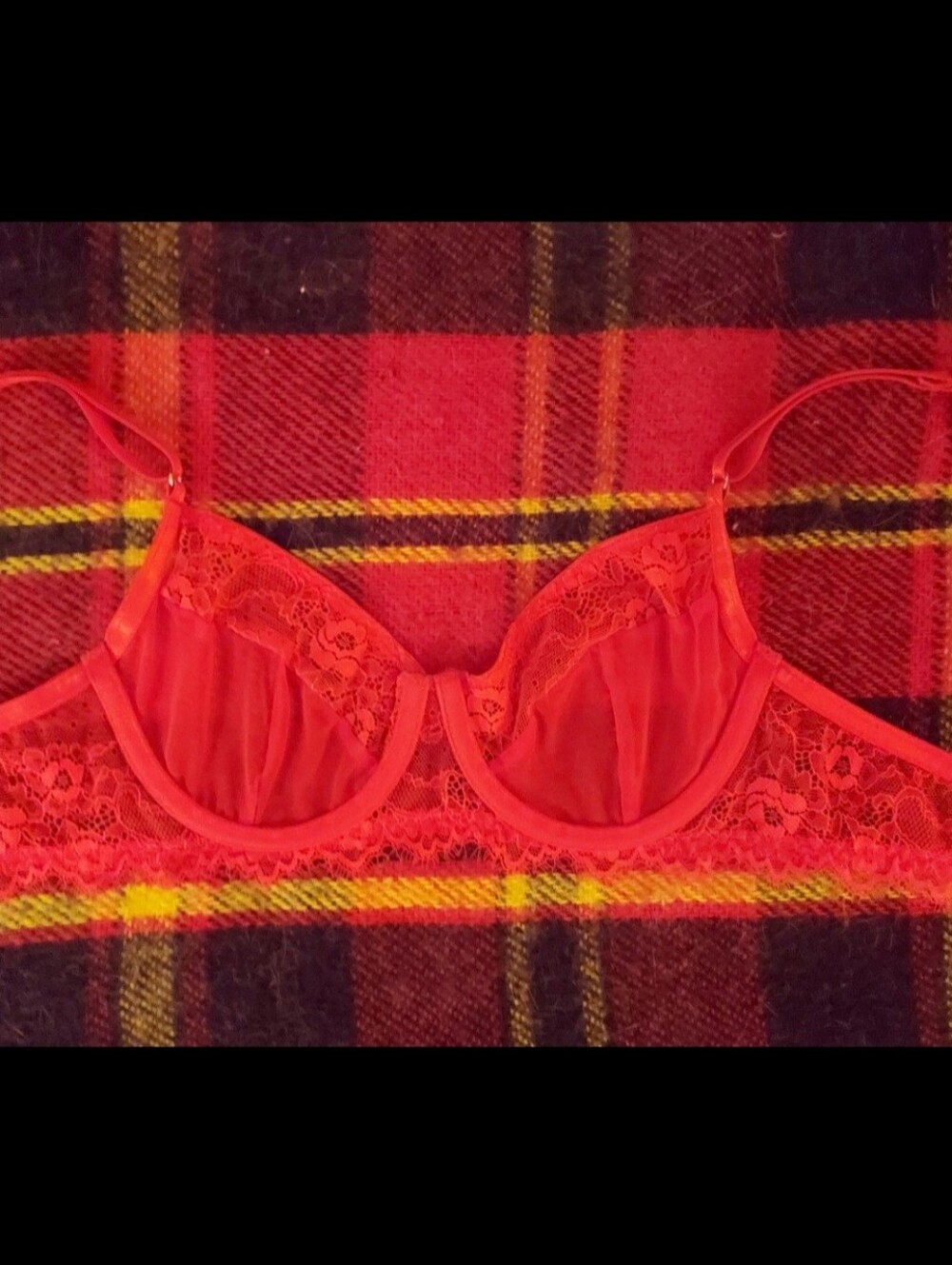Red mesh & floral lace bra